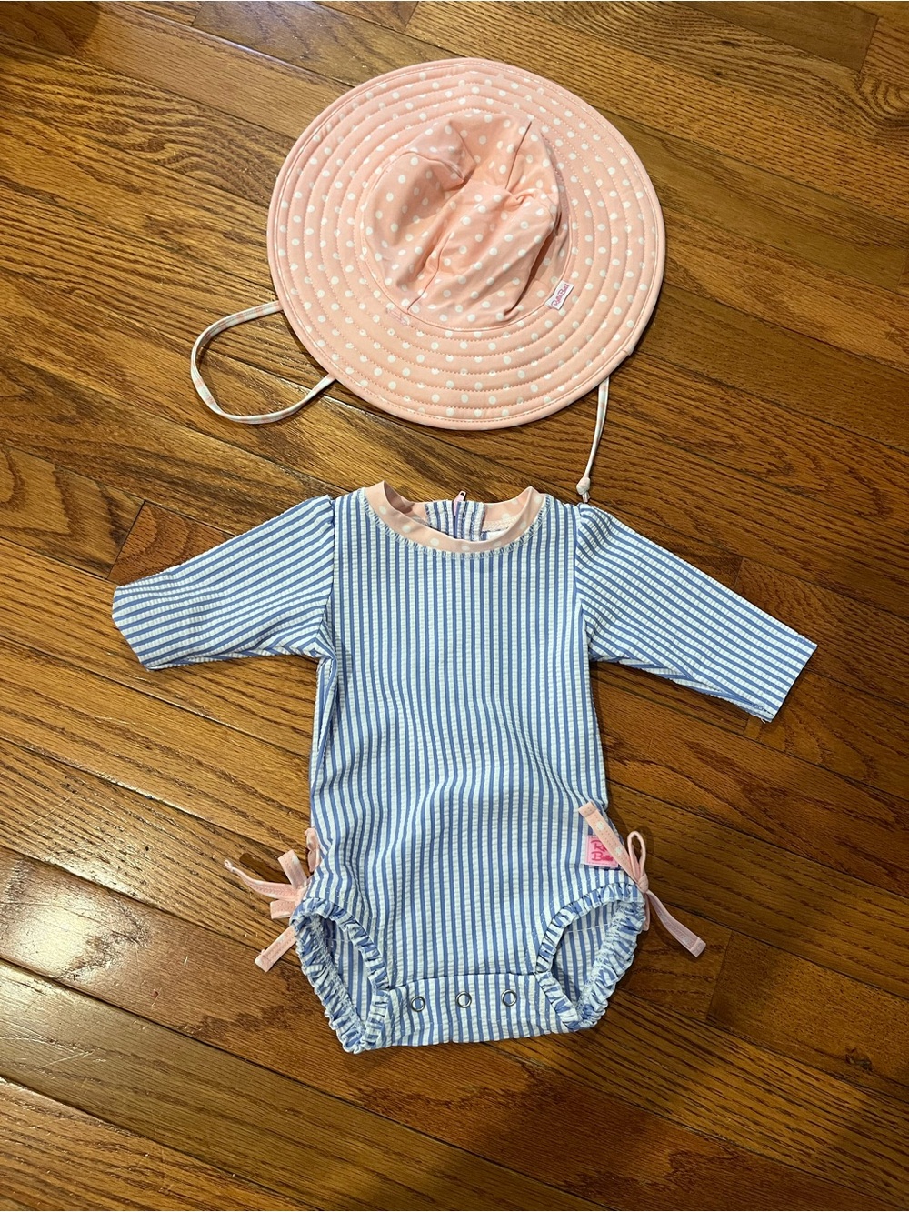 Ruffle Butts Blue & White Stripe Long-Sleeve Swimsuit with Pink Hat